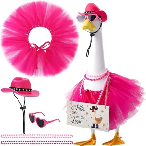 Porch Goose Cowboy Hat Mesh Skirt Outfit Set Denim Straw Hat Heart Eyeglasses Necklace Signs Outfit Pet Party Festival Costume Clothing Set Accessory For Yard Backyard Home Decor