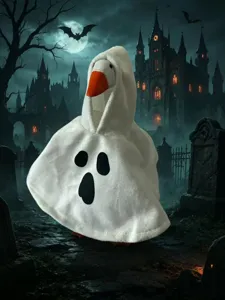 Details of the 7-inch desktop white goose plush toy wearing a spooky Halloween ghost cloak costume.