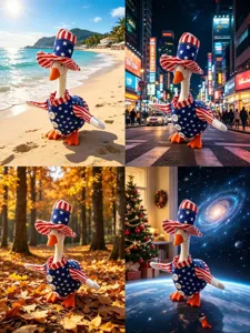 7-inch patriotic goose plush toy set with American flag top hat and star outfit for desktop decor