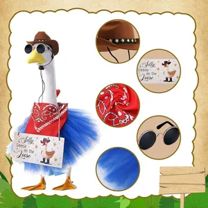 Porch goose cowboy costume set with hat sunglasses red bandana and blue tutu skirt.
