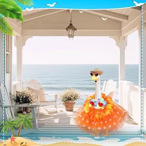 Close-up of the 23-inch goose Hawaiian vacation outfit set with hat, sunglasses, and skirt.