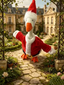 Cute 7-inch desktop plush goose wearing a festive Christmas outfit set for holiday decor.