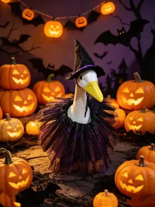 Halloween porch goose costume set featuring a black witch hat and a purple spiderweb tutu.