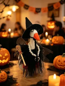 7-Zoll Tisch Plüsch Gans Halloween Set mit schwarzem Hexenhut, Brille, Halskette und Tüllkleid.