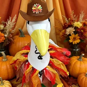 Thanksgiving porch goose outfit with cowboy hat and autumn ruff for 23 inch lawn goose decoration.