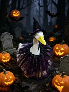 Halloween porch goose witch hat and purple tutu costume outfit festive scene display.