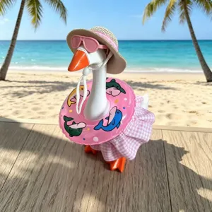 Summer Beach Vacation Style Outfit Accessory Set For Plush Duck Goose Toy Straw Hat Sunglasses Swim Ring Plaid Skirt Set