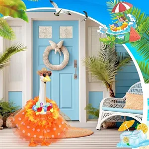 Detailed view of 23-inch porch goose summer straw hat flower garland and outfit set for beach.