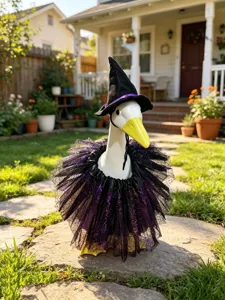 Halloween witch hat and purple spider web tutu skirt detail for 23-inch porch goose.