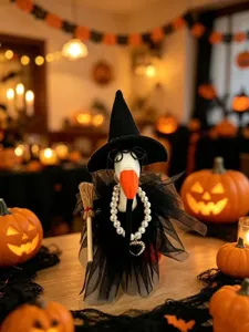 7 Zoll Halloween Gans Figur Hexenhut Brille Besen Schwarzer Tüllrock Tischdekoration