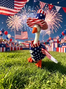 7 inch patriotic goose figurine with US flag hat and vest for desktop holiday decor detail view