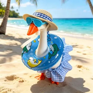 Detail shot of the 7-inch little goose toy featuring beach straw hat, sunglasses and swim ring.