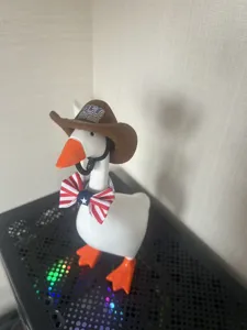 Close-up detail of the cute goose toy wearing a US 250th anniversary cowboy hat and bow tie.
