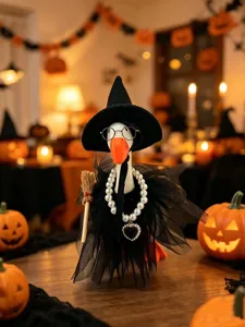 7-Zoll Plüschgans Tischdeko mit schwarzem Hexenhut, Brille und Halloween-Tüllkleid Set.
