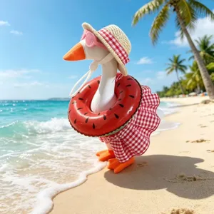 7-inch plush goose toy in a beach resort outfit with straw hat and watermelon floatie.