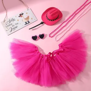 Pink cowboy hat tutu skirt costume set with heart sunglasses and bead necklaces for party events.