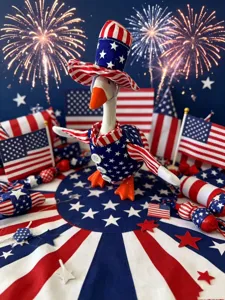 7-inch patriotic goose figurine with US flag hat and outfit, perfect for Independence Day decor.