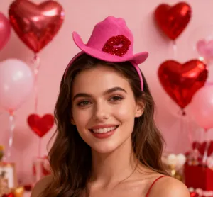 Close-up detail view of the pink mini cowboy hat headband with sparkling red lips patch.