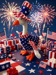 Detailed view of the 7-inch patriotic goose figurine set with star striped hat and sweater.