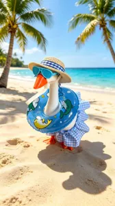 Detail view of 7-inch cute summer beach goose toy with straw hat, sunglasses and swimsuit.