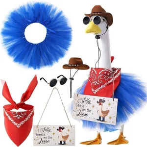 Porch goose outfit set includes blue tutu skirt, cowboy hat, sunglasses, bandana and sign.
