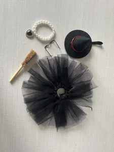 Detaillierte Ansicht des 7-Zoll Mini-Gans Halloween Kostümsets mit Hexenhut und schwarzem Rock.