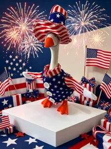 7-inch Independence Day goose figurine with American flag hat and star vest desktop decor.