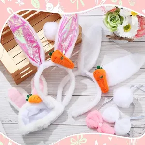 Easter bunny costume set with headbands, plush ears, hat, bow tie, and fluffy tail for kids.