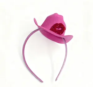Pink rhinestone lips cowboy hat headband close-up, perfect for party, festival, and event.