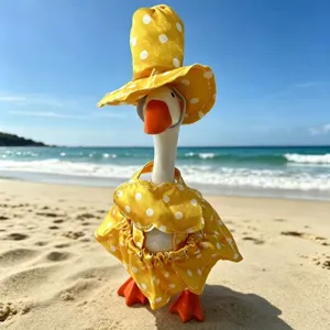7-inch toy goose beach bikini set with yellow polka dot swimsuit and matching sun hat.