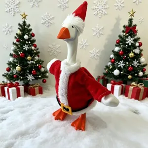 Christmas desktop decoration goose toy in cute Santa Claus outfit for holiday home setup.