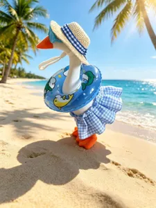 Detailed view of 7-inch cute duck toy in summer beach vacation style with hat and swim ring.
