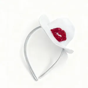 Mini cowboy hat headband with crystal red lips detail, perfect for party and festival.