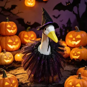 Halloween porch goose outfit with witch hat and purple spider tutu skirt spooky decor.