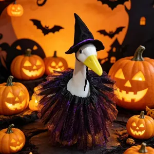 Halloween Porch Goose Costume Set with Black Witch Hat and Purple Spider Tutu Outfit