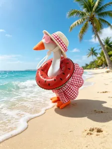 Detailed view of 7-inch cute plush goose toy with summer beach accessories outfit set.