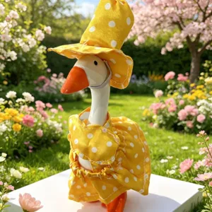 7-inch little goose figurine in yellow polka dot dress and matching hat for summer decor.