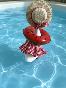Detailed view of the 7-inch cute little duck toy wearing a straw hat and watermelon float.