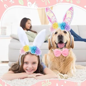 Easter bunny ear headband and bow set for kids and pets cute holiday party costume accessories