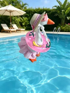 Close-up detail of cute duck toy wearing straw hat, pink sunglasses, and chic swimsuit by pool.