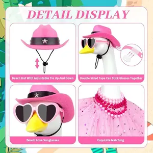 Pink goose costume detail display featuring cowboy hat, heart sunglasses, and skirt.