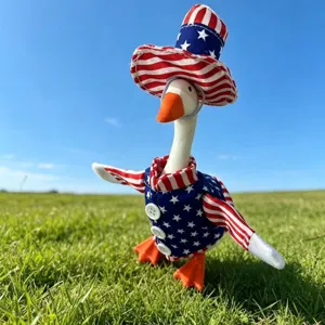 7-inch patriotic goose figurine with Independence Day star-striped hat and outfit for desktop decor.