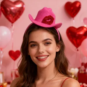 Pink rhinestone lips cowboy hat headband for Valentine Day party, cute festive hair accessory.
