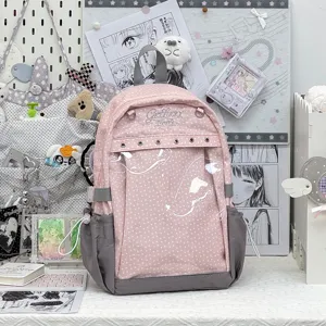 Zaino rosa a pois in stile giapponese con tasca frontale trasparente, carinissimo zainetto scolastico.