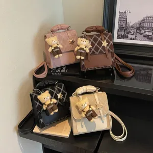 Zaino donna mini chic set in pelle PU borsa da viaggio casual con grazioso ciondolo orsetto