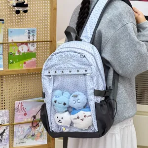 Zaino a pois in stile giapponese con tasca frontale trasparente ideale per la scuola