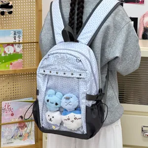 Zaino giapponese a pois con tasca anteriore trasparente e simpatici peluche per le ragazze