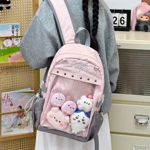 Zaino scolastico rosa a pois in stile giapponese con tasca frontale trasparente per peluche