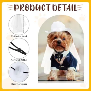 Pet wedding cowboy hat and veil set, adjustable small dog cat costume apparel for party photography