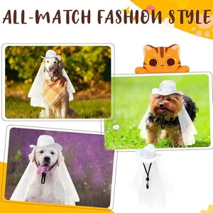 Pet wedding cowboy hat with white veil set for cats and dogs, cute costume party detail view.